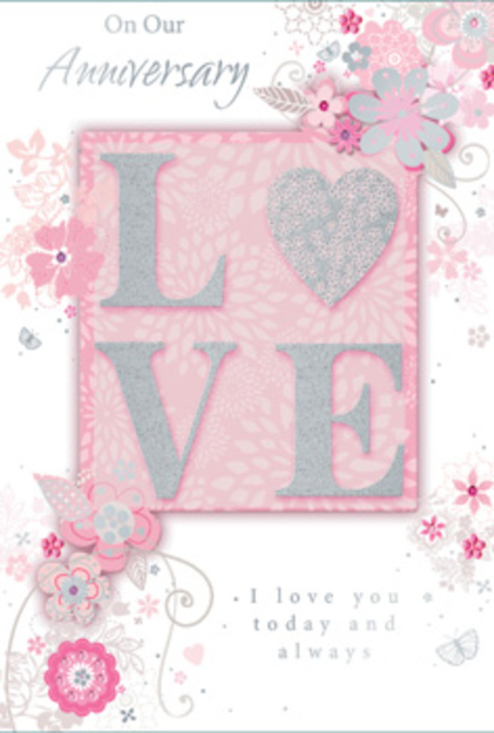 In this image, an anniversary card rests open, emanating the kind of quiet warmth you might feel stepping into a sunlit Totteridge sitting room where love has long been at home. The focal point of the design is the word "LOVE," printed in soft pastel tones and enriched with an overlay of frosted glitter. The letters are raised, giving the impression of gentle relief work you could trace with your fingertips, each curve catching glimmers of light like morning sun glancing off delicate petals in a garden. Around this central word, a constellation of hand-drawn flowers decorates the borders and corners. Wispy blooms in blush, lilac, and ivory appear to drift across the card, their petals outlined in fine lines with subtle shading that adds a painterly depth. Sprays of tiny leaves, curling stems, and delicate tendrils thread between the flowers, weaving a pattern that feels both spontaneous and carefully composed, reminiscent of a florist at Totteridge Florist laying out stems before tying a bespoke anniversary bouquet. Hidden among the floral curls are small butterfly motifs, almost secret at first glance, suggesting the flutter of hearts and the excitement of shared milestones. The background is a gentle wash of pink, brightened in places as though sunlight is filtering through light curtains, casting a soft glow. Nestled within this floral frame, the words "I love you today and always" appear in graceful, understated type, steady and sure. The overall mood is one of enduring tenderness and gratitude, evoking the same feeling as receiving fresh flowers arranged with love and delivered across Totteridge to mark a special day together.