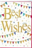 This "Best Wishes" card has the gentle exuberance of a Totteridge celebration caught at its happiest moment. In the centre, the words "Best Wishes" stand out in gleaming golden script, slightly raised so that the glittered lettering seems to float above the smooth white card. The gold catches the light in a warm, refined shimmer, evoking the glow of early evening sun over Totteridge's leafy avenues. The script style is flowing yet clear, combining a sense of occasion with friendly approachability. Encircling this central message, curved lines of bunting sweep gracefully across the top and bottom edges, their arcs framing the gold words like festooned ribbons at a garden party. Each small triangular flag bursts with colour-bright blues, lively greens, rich reds, sunshine yellows, and playful pinks-while many feature tiny decorative details: slim stripes, pinprick dots, and miniature patterned motifs that add a handcrafted, homely charm. Dotted among and around these bunting strands are sprinklings of small stars and rounded confetti dots. The stars vary subtly in size and finish, some with a delicate metallic gleam and others in bold, opaque hues, creating the impression of twinkling lights against an evening sky. The dots feel scattered in a carefree way, suggesting falling confetti midway through a cheer. All of this plays out on a crisp white background that keeps the design light, fresh, and uncluttered. The effect is uplifting and optimistic-an ideal card to slip alongside fresh flowers headed to a home, office, or celebration in Totteridge, conveying heartfelt congratulations, encouragement, or simple good wishes with radiant sincerity.